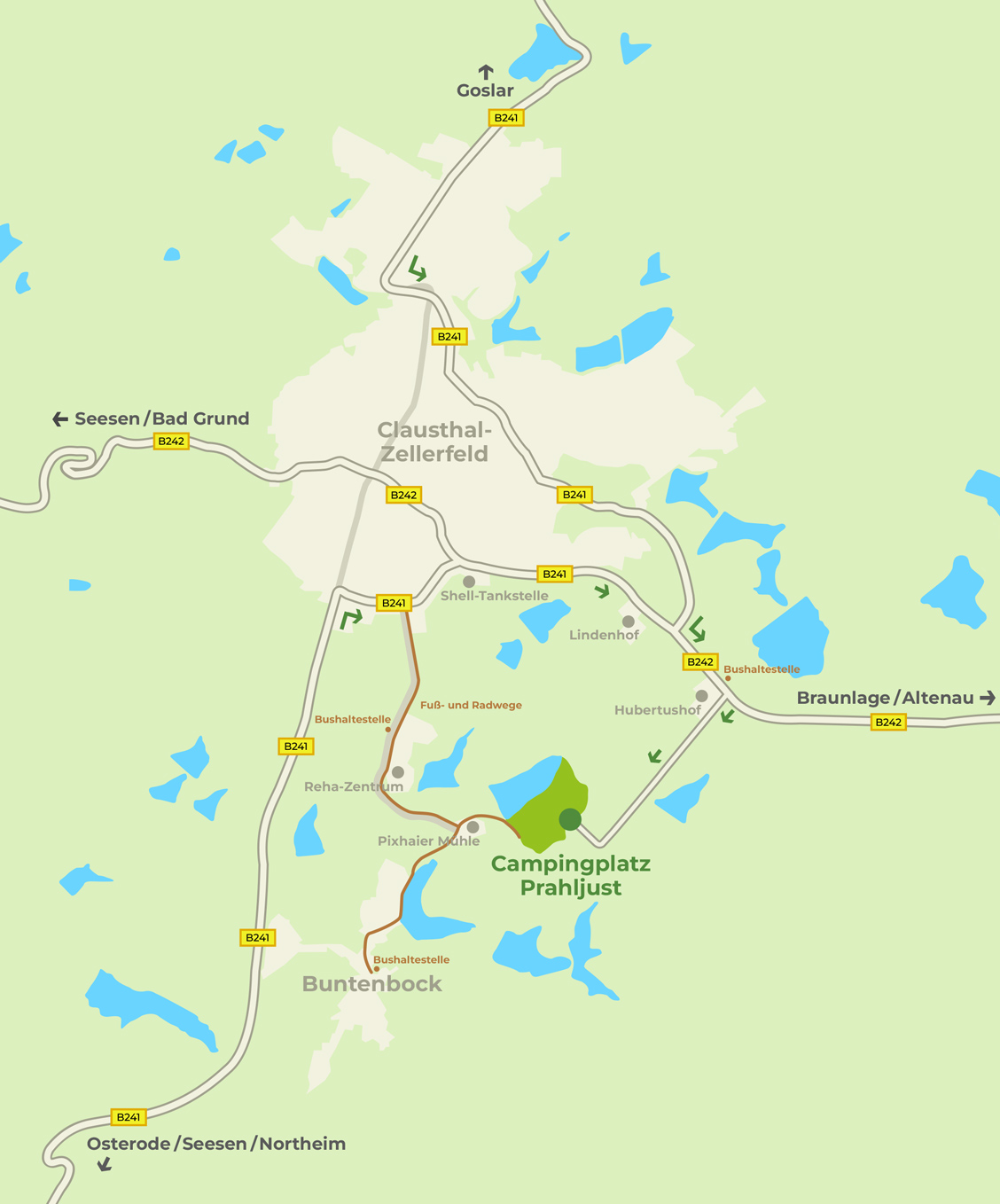 Anfahrtsbeschreibung von Clausthal-Zellerfeld und Buntenbock zum Campingplatz Prahljust im Harz